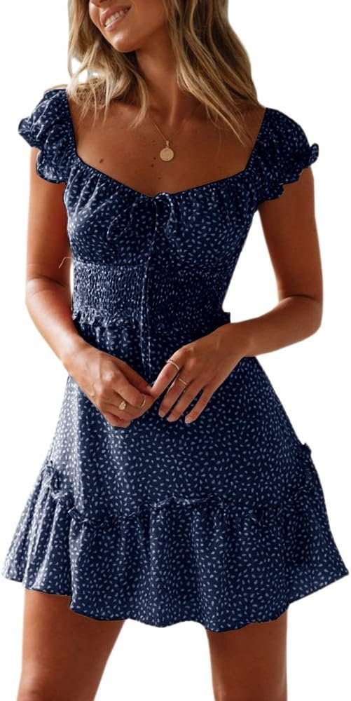 Connecteri  Women's Summer Ruffle Sleeve Sweetheart Neckline Printing Dress Mini Dress