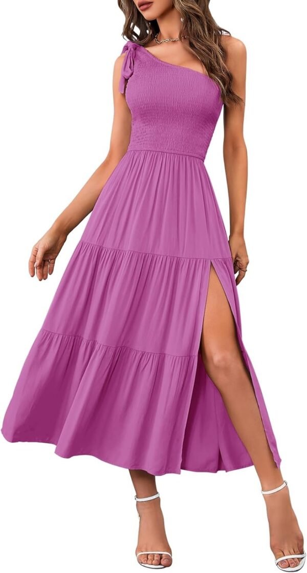Connecteri  Women's Summer One Shoulder Sleeveless Knot Smocked Midi Dress Split Tiered Flowy Dresses