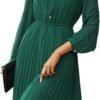 Connecteri  Work Dresses for Women 2023 Long Sleeves Chiffon Black Dress Retro Pleated Buttons Down Bow Tie Loose Causal Dresses