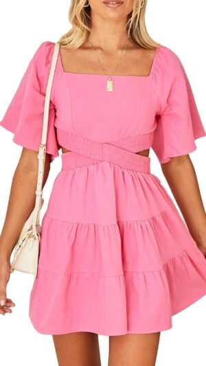Shy Velvet Women's Summer Dress Square Neck Short Sleeves Crossover Waist Casual Party Mini Dress