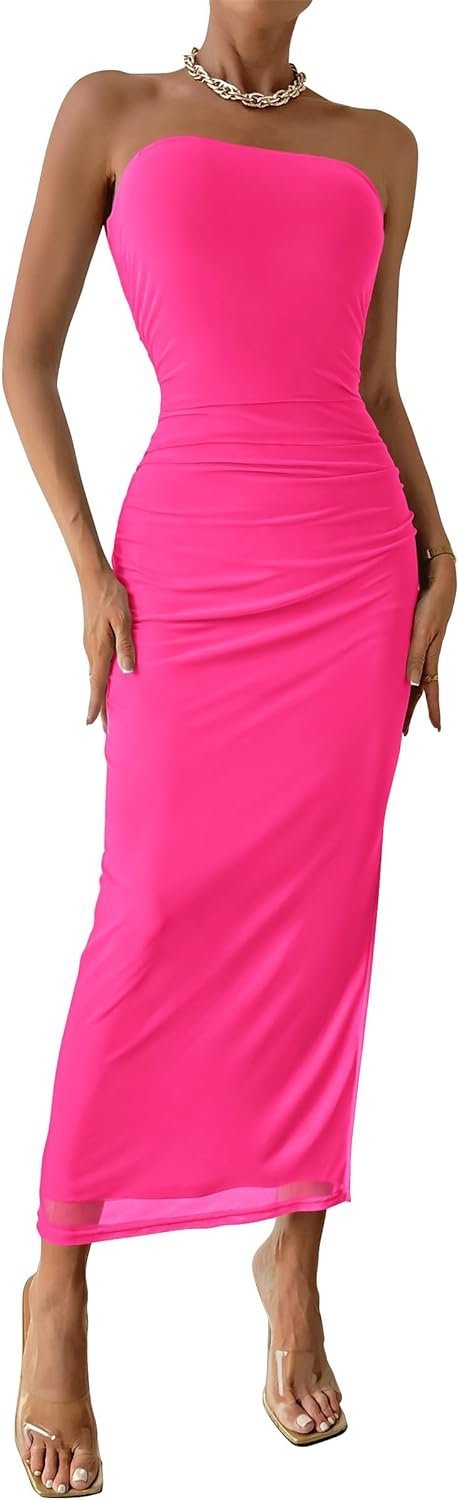 Connecteri  Women's Summer Maxi Bodycon Dresses Strapless Tube Top Printed Long Party Club Slit Dress
