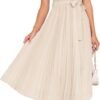 Connecteri Womens Summer Short Sleeve Midi Dresses Spring Casual Crew Neck Knit Belted Pleated A Line Flowy Wedding Guest Dress