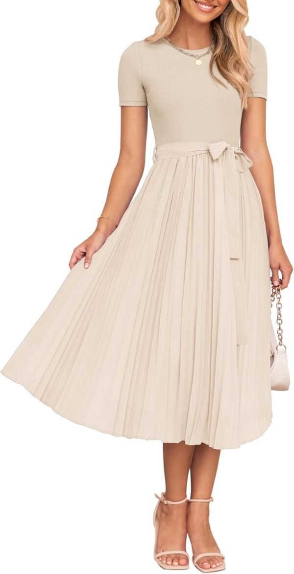 Connecteri Womens Summer Short Sleeve Midi Dresses Spring Casual Crew Neck Knit Belted Pleated A Line Flowy Wedding Guest Dress