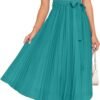 Connecteri Womens Summer Short Sleeve Midi Dresses Spring Casual Crew Neck Knit Belted Pleated A Line Flowy Wedding Guest Dress