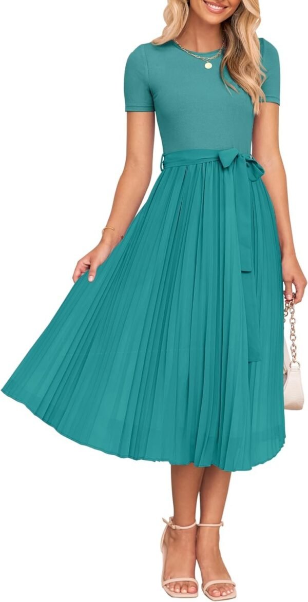 Connecteri Womens Summer Short Sleeve Midi Dresses Spring Casual Crew Neck Knit Belted Pleated A Line Flowy Wedding Guest Dress