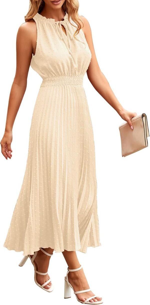 Connecteri?Womens Midi Summer V Neck Swiss Dot Ruffle Sleeveless A Line Beach Sun Dress
