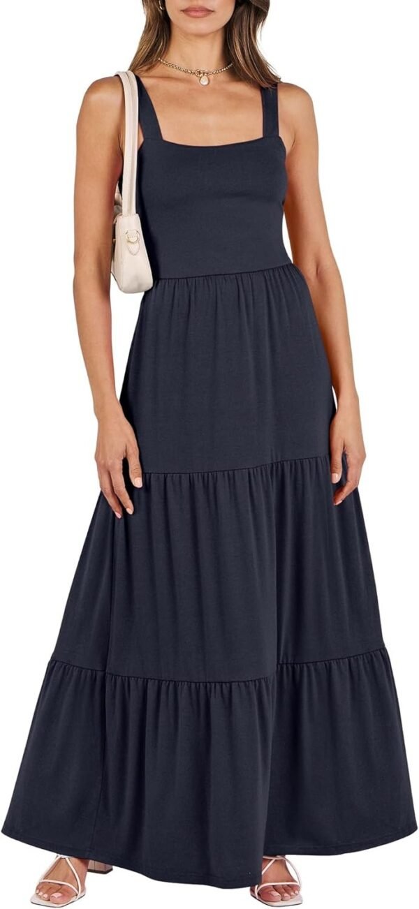 Connecteri  Women's Summer Casual Long Maxi Beach Vacation Dresses Sleeveless Square Neck Flowy Tiered Sun Dress with Pockets