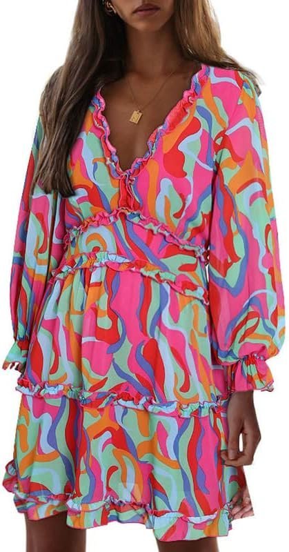 Connecteri  Womens 2024 Spring Summer Deep V Neck Ruffle Floral Flowy Mini Dress