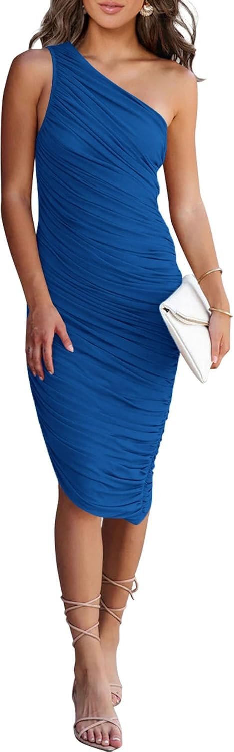 Connecteri?Women's Ruched Bodycon Dress 2024 Summer One Shoulder Sleeveless Party Cocktail Pencil Dresses