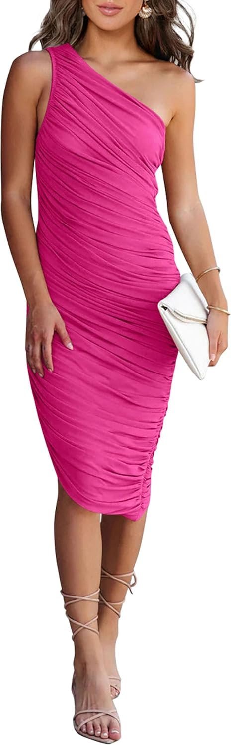 Connecteri?Women's Ruched Bodycon Dress 2024 Summer One Shoulder Sleeveless Party Cocktail Pencil Dresses