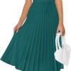 Connecteri Women's Casual Striped Midi Dress Crewneck Short Sleeve Button Ribbed Knit Swing Pleated A Line Dresses