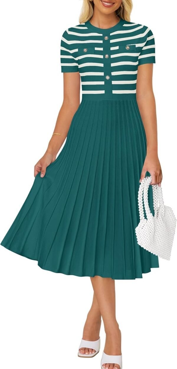 Connecteri Women's Casual Striped Midi Dress Crewneck Short Sleeve Button Ribbed Knit Swing Pleated A Line Dresses