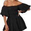 Connecteri  Womens Off The Shoulder Summer Dresses 2024 Short Lantern Sleeve Ruffle Elastic Waist A-Line Casual Mini Dress