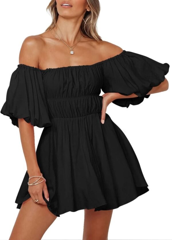 Connecteri  Womens Off The Shoulder Summer Dresses 2024 Short Lantern Sleeve Ruffle Elastic Waist A-Line Casual Mini Dress
