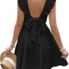 Connecteri  Women's Mini Dress V Neck Flutter Sleeve Cotton Self Tie Back A Line Short Summer Cover Up Dress