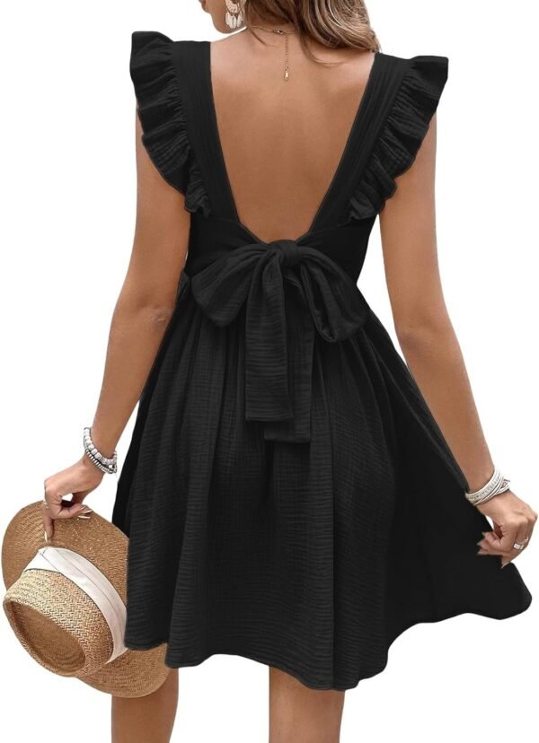 Connecteri  Women's Mini Dress V Neck Flutter Sleeve Cotton Self Tie Back A Line Short Summer Cover Up Dress
