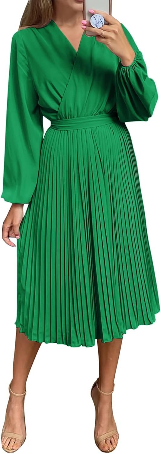 Connecteri  Womens V Neck Flowy Ruffle Pleated Casual Fall Dress