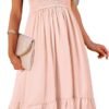 Connecteri  Women's Summer Casual V Neck Ruffle Sleeve Smocked High Waist Midi Dress with Pockets