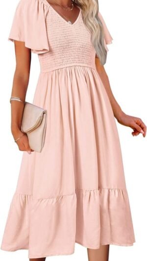 Connecteri  Women's Summer Casual V Neck Ruffle Sleeve Smocked High Waist Midi Dress with Pockets