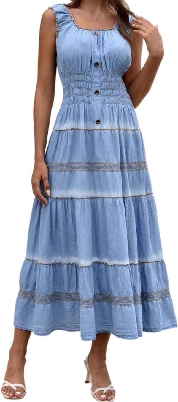 Connecteri  Women's Maxi Dress Sleeveless Denim Long Summer A-line Casual Blue Cotton Boho Flowy Sundresses for Women