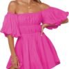 Connecteri  Womens Off The Shoulder Summer Dresses 2024 Short Lantern Sleeve Ruffle Elastic Waist A-Line Casual Mini Dress