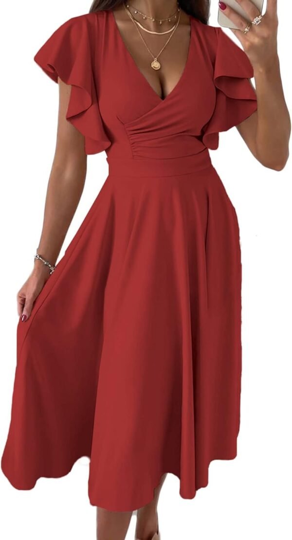 Connecteri?Womens 2024 Summer Midi Dress Ruffle Cap Sleeve V Neck Swing A Line Cocktail Party Dresses