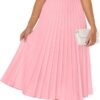 Connecteri Women's Casual Striped Midi Dress Crewneck Short Sleeve Button Ribbed Knit Swing Pleated A Line Dresses