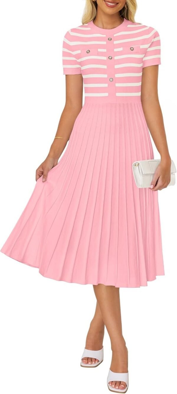 Connecteri Women's Casual Striped Midi Dress Crewneck Short Sleeve Button Ribbed Knit Swing Pleated A Line Dresses
