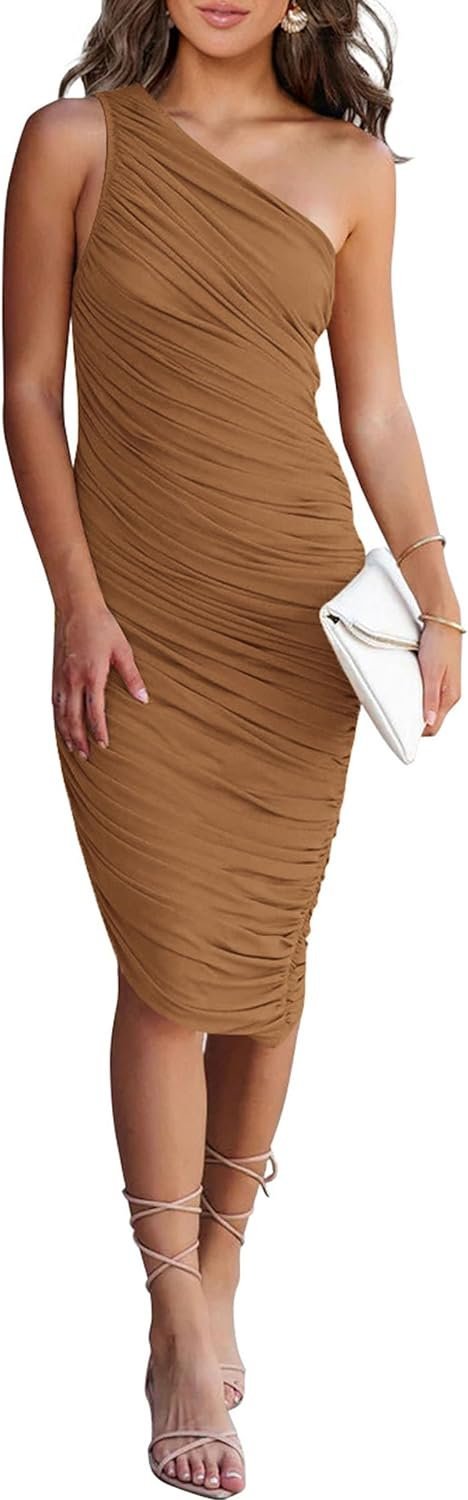 Connecteri?Women's Ruched Bodycon Dress 2024 Summer One Shoulder Sleeveless Party Cocktail Pencil Dresses