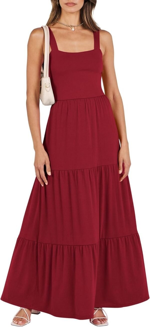 Connecteri  Women's Summer Casual Long Maxi Beach Vacation Dresses Sleeveless Square Neck Flowy Tiered Sun Dress with Pockets