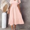 Connecteri  Women's Summer Casual V Neck Ruffle Sleeve Smocked High Waist Midi Dress with Pockets