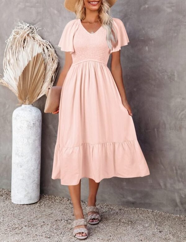 Connecteri  Women's Summer Casual V Neck Ruffle Sleeve Smocked High Waist Midi Dress with Pockets