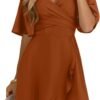 Connecteri  Women's Wrap V Neck Short Flared Sleeve Wedding Guest Dress Smocked Elastic Waist Tiered Belted Ruffle Hem Mini Dress