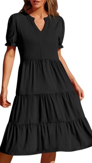 Connecteri  Women's 2024 Summer Short Puff Sleeve Midi Dress Casual V Neck High Waist Tiered Swing A Line Dresses