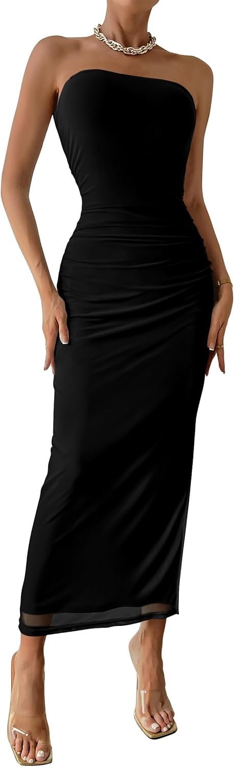 Connecteri  Women's Summer Maxi Bodycon Dresses Strapless Tube Top Printed Long Party Club Slit Dress