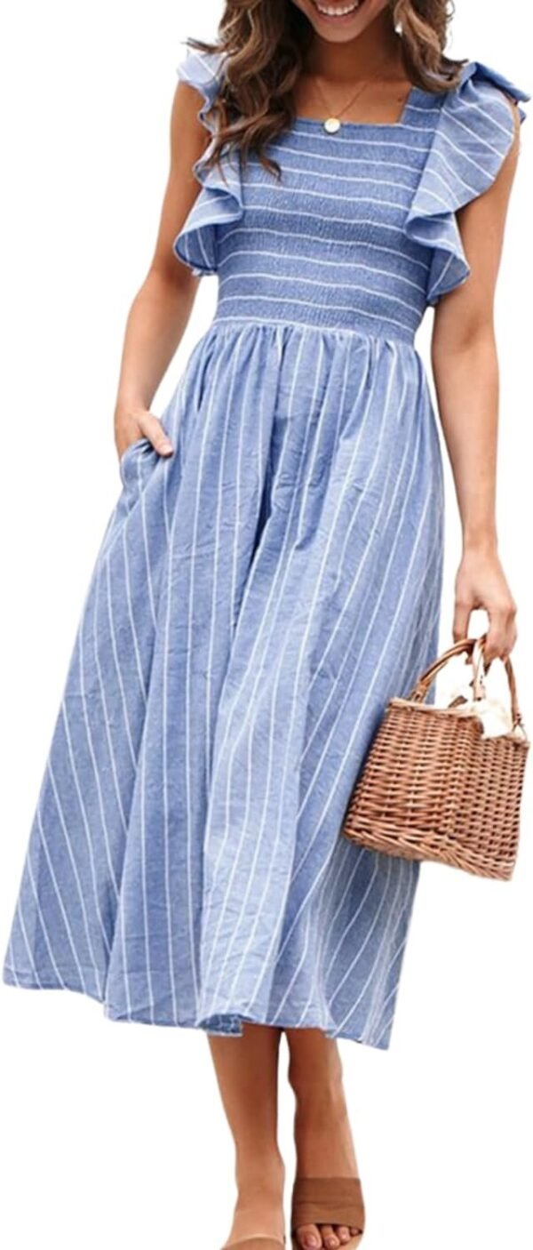 Connecteri  Women's Striped Linen Midi Dress Elegant Square Neck Ruffle Cap Sleeves Maternity Dress 2024 Summer Beach Dress