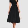 Connecteri Womens Summer Short Sleeve Midi Dresses Spring Casual Crew Neck Knit Belted Pleated A Line Flowy Wedding Guest Dress