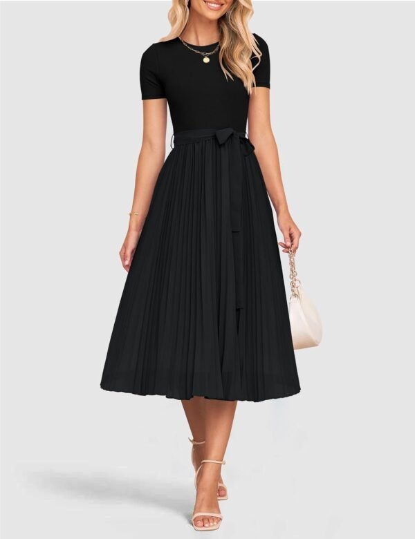 Connecteri Womens Summer Short Sleeve Midi Dresses Spring Casual Crew Neck Knit Belted Pleated A Line Flowy Wedding Guest Dress