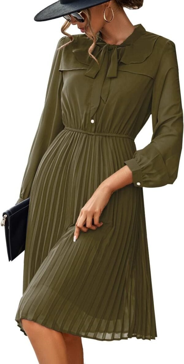 Connecteri  Work Dresses for Women 2023 Long Sleeves Chiffon Black Dress Retro Pleated Buttons Down Bow Tie Loose Causal Dresses