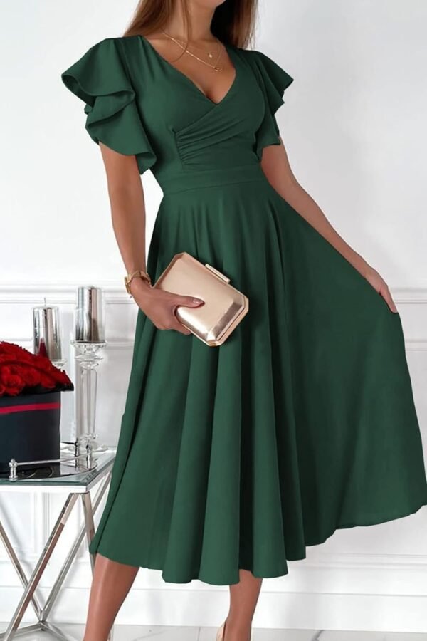 Connecteri?Womens 2024 Summer Midi Dress Ruffle Cap Sleeve V Neck Swing A Line Cocktail Party Dresses