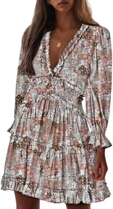 Connecteri  Womens 2024 Spring Summer Deep V Neck Ruffle Floral Flowy Mini Dress