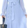 Connecteri  Women's Floral Midi Dress Puff Long Sleeve Casual Ruffle Chiffon A-Line Swing Pleated Belted Tea Party Dresses