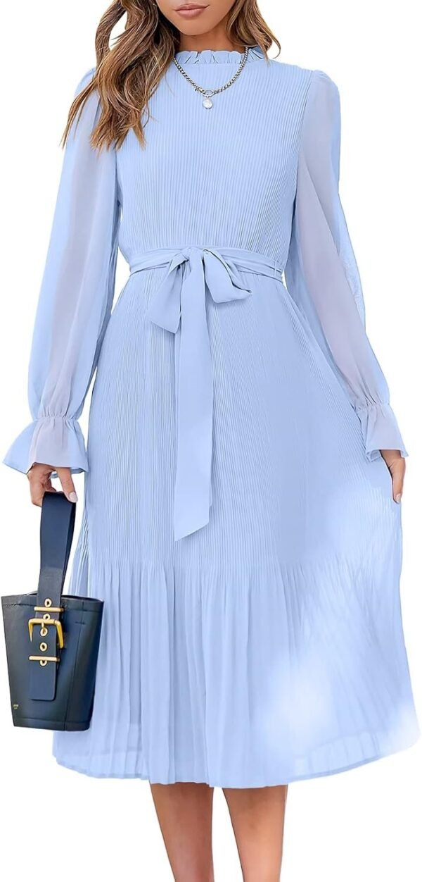 Connecteri  Women's Floral Midi Dress Puff Long Sleeve Casual Ruffle Chiffon A-Line Swing Pleated Belted Tea Party Dresses
