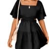 Shy Velvet Women's Summer Dress Square Neck Short Sleeves Crossover Waist Casual Party Mini Dress