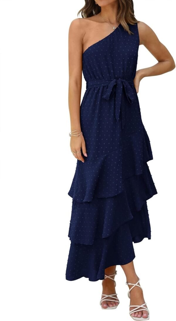 Connecteri?Womens Summer Floral One Shoulder Tiered Ruffle Flowy Midi Beach Boho Dress