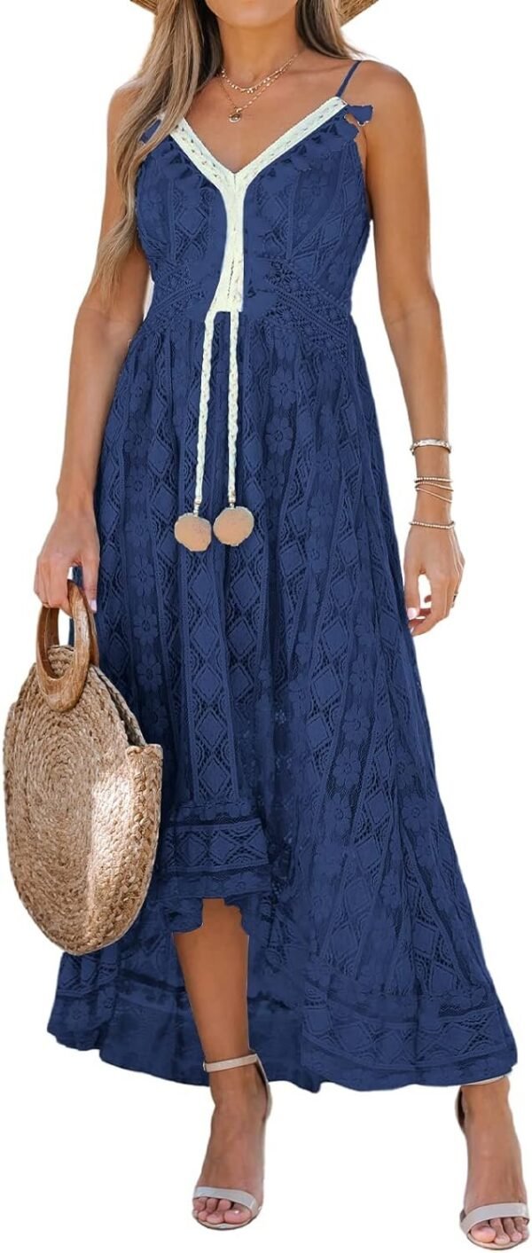 Connecteri  Women's Maxi Dress Lace Dresses Boho Tassel V-Neck Flare Ruffle Adjustable Straps Beach Summer Long Dress