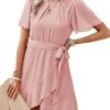 Connecteri  Womens Summer Dresses 2024 Crewneck Short Sleeve Waist Tie Ruffle Casual Chiffon A-Line Swing Mini Dress