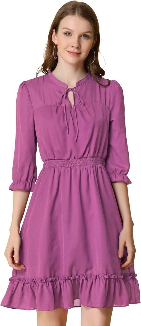 Connecteri  K Women's Autumn Wedding Guest Dresses Ruffle Hem 3/4 Sleeve A-Line Smocked Short Chiffon Dress