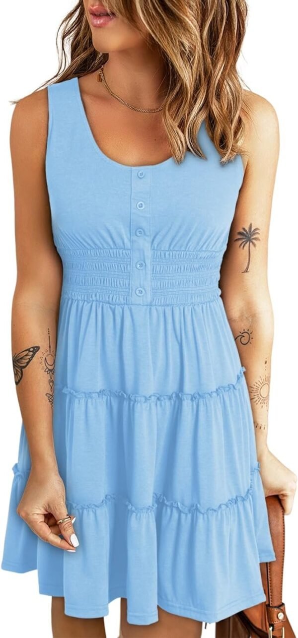 Connecteri  Womens Summer Dresses 2024 Sleeveless Button Down Smocked Elastic Waist Ruffle Tiered Casual Swing Mini Dress