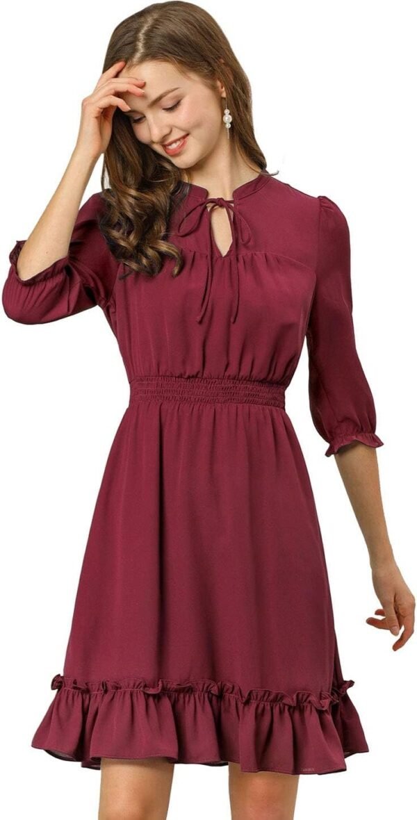 Connecteri  K Women's Autumn Wedding Guest Dresses Ruffle Hem 3/4 Sleeve A-Line Smocked Short Chiffon Dress